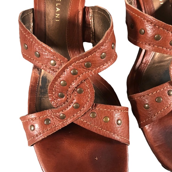 Antonio Melani Brown Heeled Sandals Gold Ton Studs Leather Twist - Picture 7 of 10